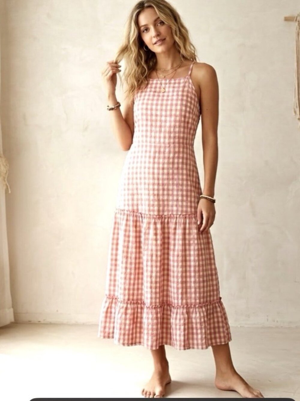 Nanette Lepore Gingham Plaid Crinkle Tiered Midi Dress 10 Pink Yellow NWOT